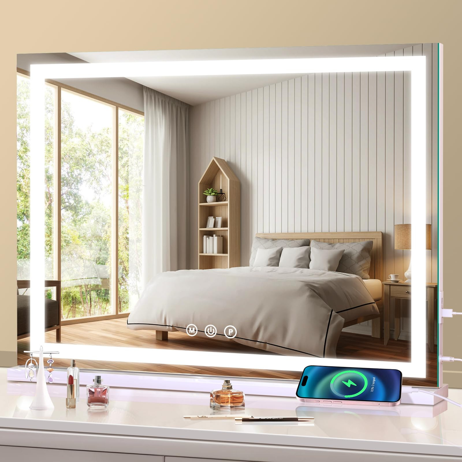 Large Lighted Vanity Mirror, 23" x 19" Light Up Make up Mirror with Smart Touch 3 Colors Dimmable... | Amazon (US)