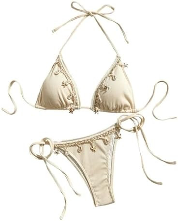Verdusa Women's 2 Piece Sexy Halter Triangle Bikinis Thong Tie Boho Seashell Bikini Sets Swimsuit... | Amazon (US)