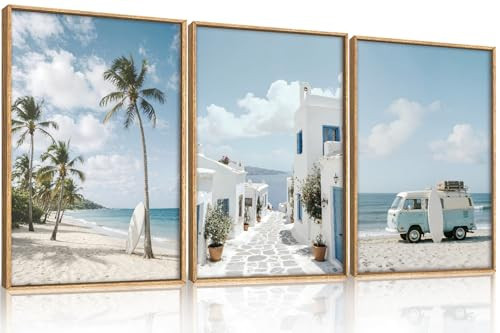BICERE Large Summer Coastal Framed Canvas Wall Art Set,Modern Beach Surfboard Wall Decor,Seaside Palm Tree Art Prints,Vintage Blue Van Artwork for Living Room,Bedroom,Office -24"x36"x3 | Amazon (US)