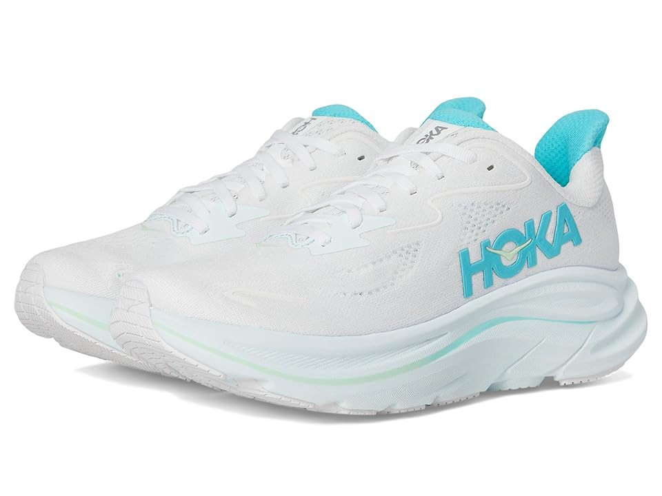 Hoka Clifton 10 Women's Shoes White/Cielo Blue : 7 D - Wide | Zappos