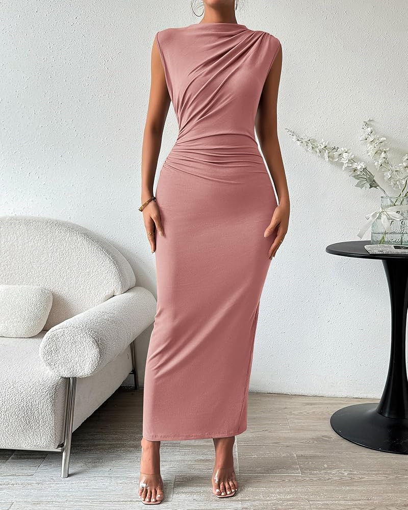 BTFBM Women Ruched Bodycon Maxi Dresses Summer Casual Sleeveless Lightweight Slit Elegant Cocktai... | Amazon (US)