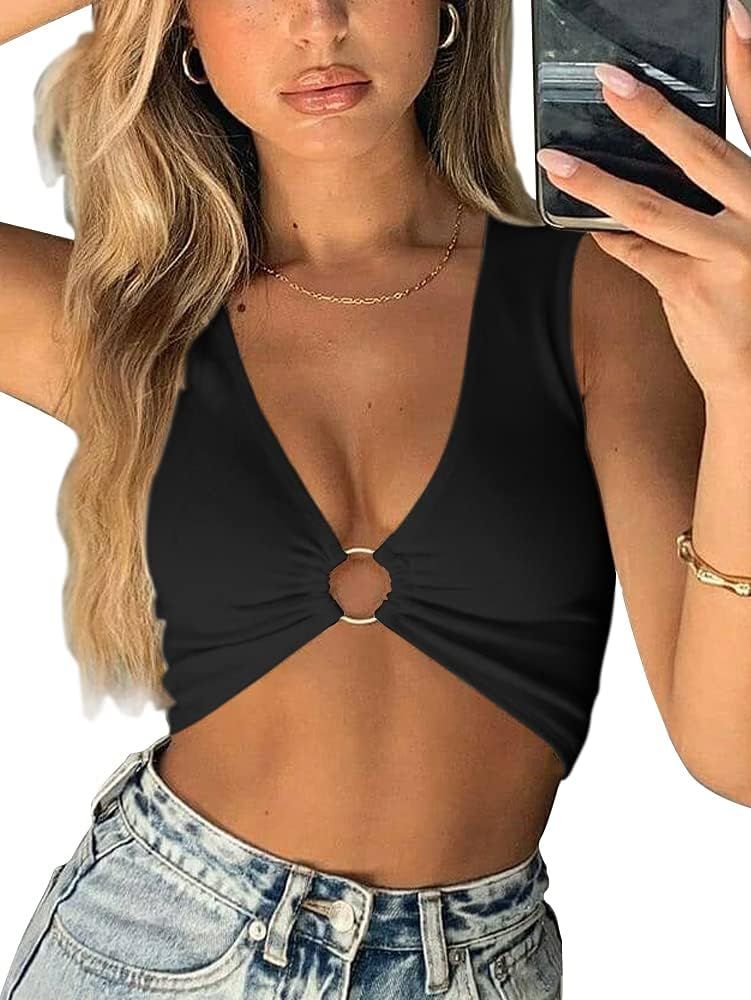 AEVZIV Sexy Crop Tops for Women Sleeveless Deep V Neck Workout Tops Plunge Ring Cleavage Cropped Tan | Amazon (US)