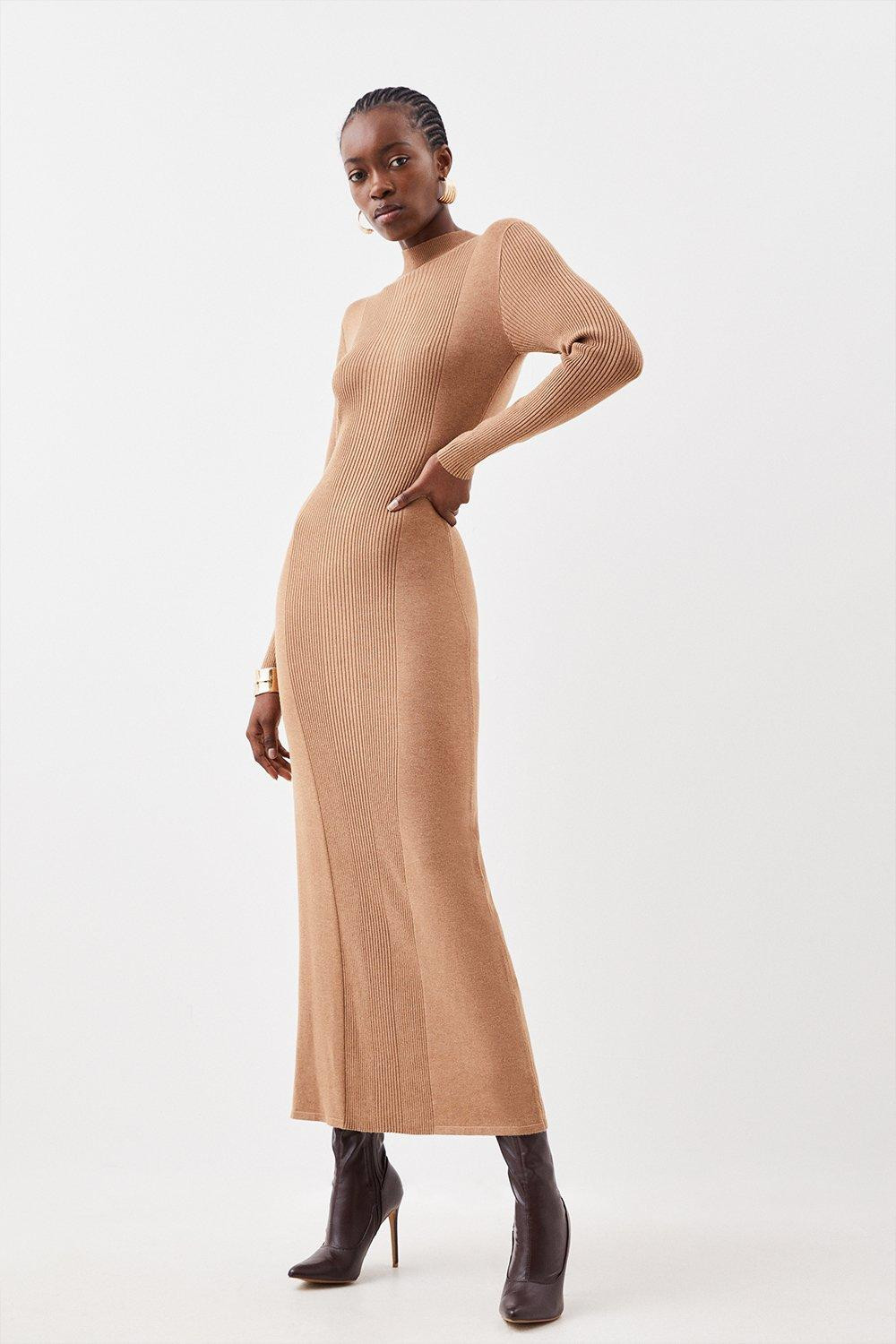 Long Neck Rib Knitted Midaxi Dress | Karen Millen UK + IE + DE + NL