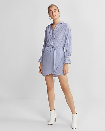 striped cotton poplin wrap dress | Express