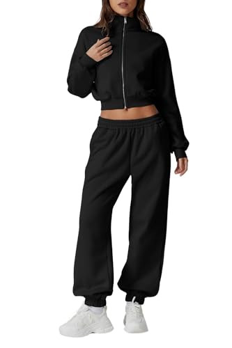 QINSEN Sweatsuit for Women Standard Collar Hoodies Baggy Joggers 2 Piece Tracksuit Fleece Matching Sets Black S | Amazon (US)