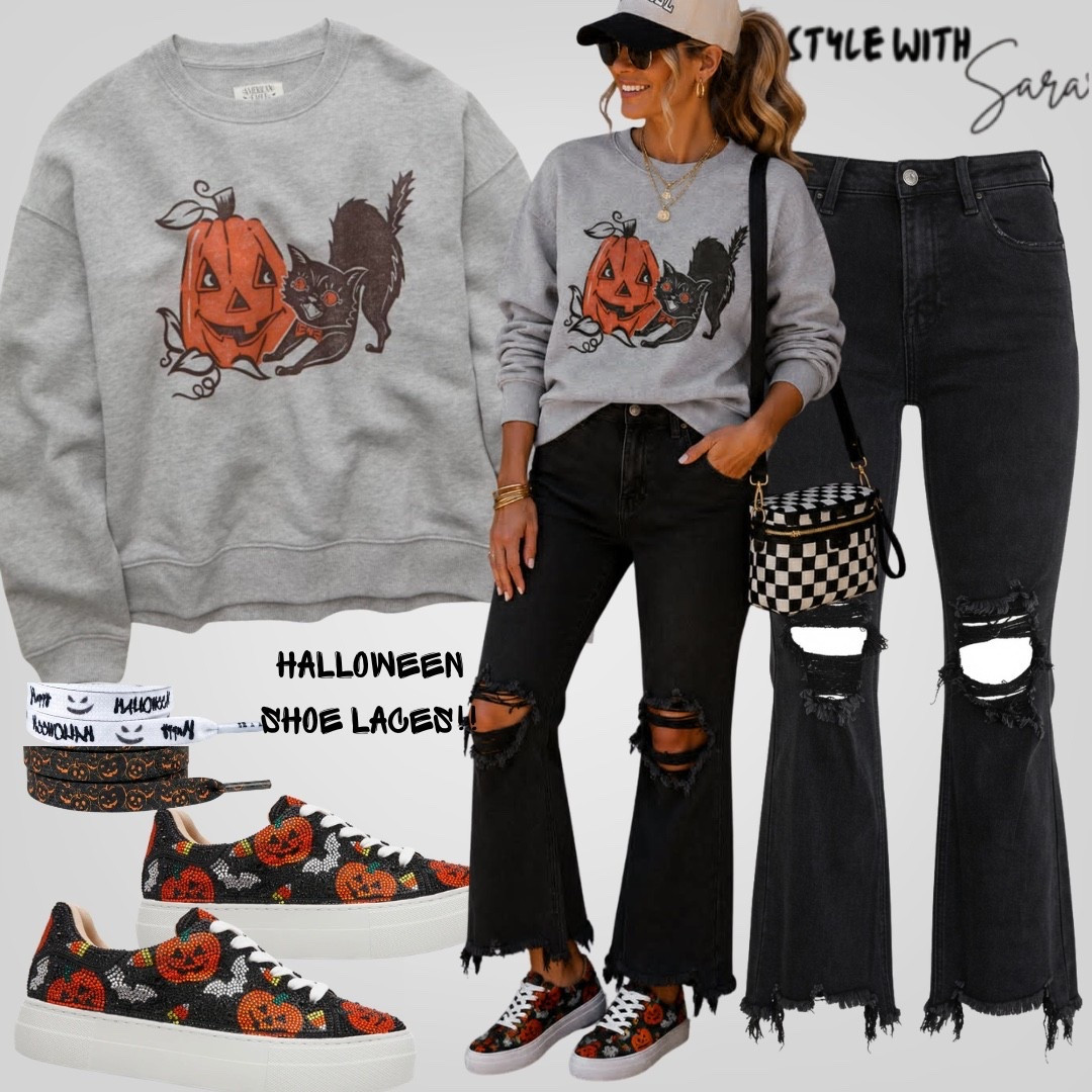 The Halloween outfits are dropping and I am so excited for Fall.  Loving the retro graphic by American Eagle with a pair of distressed black jeans. 
Pop that sparkle with Betsy Johnson shoes.  Add some fun Halloween themed laces to style with your personal touch.

#fallstyle #halloween

#LTKootd #LTKdayinmylife #LTKmomlife