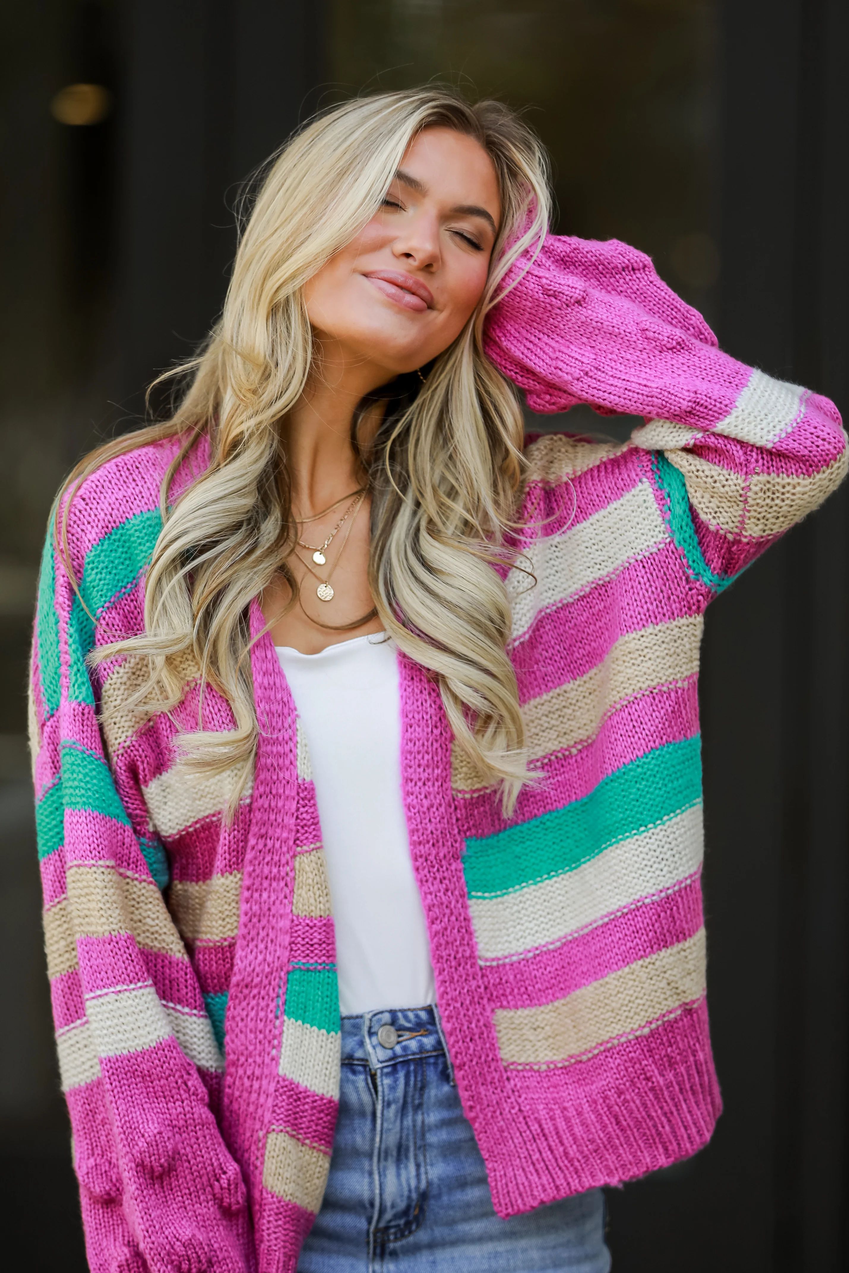 Easygoing Style Fuchsia Striped Sweater Cardigan | Dress Up