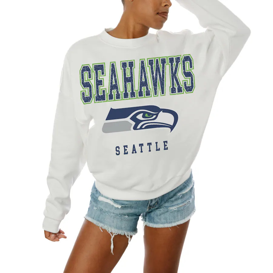 Women's Seattle Seahawks  Gameday Couture White  Sunday Drives Oversized Crewneck Pullover Sweats... | NFL Shop