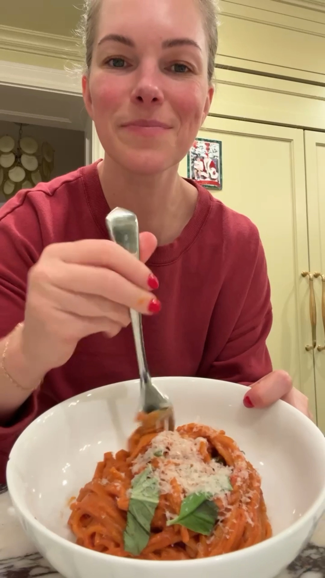 Easy weeknight dinner 👏🤩

Recipe-
Ingredients: 
1. 1/2 box of spaghetti 
2. 1/2 an onion, chopped
3. 2 cloves of garlic, crushed
4. 3 oz tomato paste (1/2 small can)
5. 1 15 oz can of tomato sauce 
6. 1 package cherry tomatoes 
7. 1/2 cup water
8. 1/2 cup vegetable broth
9. 1/2 cup heavy cream (or half & half)
10. 2-3 dollops fresh ricotta cheese
11. 1/2 cup fresh basil chopped (1 tablespoons spoon reserved for garnish)
12. 3 sprigs fresh oregano (stems removed)
13. Freshly grated Parmesan 
14. 2 tbsp olive oil
15. Salt & pepper to taste

Instructions:
1. Over medium heat add olive oil to a heavy bottomed pan
2. Add onions and garlic and cook until fragrant
3. Add in tomato paste to pot and stir
4. Add 1/2 cup water & cherry tomatoes to pot, stir and cover for 5 mins
5. Add salt & pepper, tomato sauce & vegetable broth to pot and stir, cover and let simmer for 3-5 mins
6. Add heavy cream, basil & oregano to pot & stir
7. Add uncooked pasta directly to the sauce in the pot and make sure it’s submerged
8. Dollop ricotta on top, cover, and put into the over at 350 degrees for 30 mins
9. Remove pot from the oven & stir the spaghetti mixture to break up cooked noodles and make sure everything is incorporated 
10. Place into bowls, top with basil & Parmesan and serve immediately!

#LTKmomlife #LTKfoodie #LTKdayinmylife