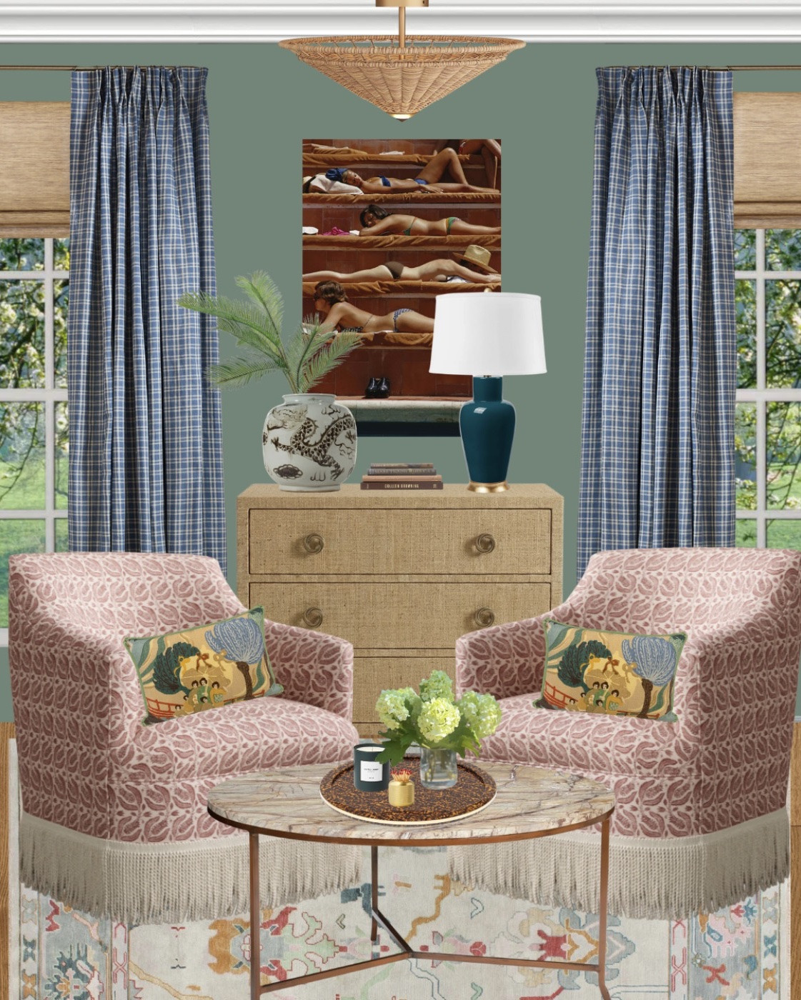 A cozy sitting room designed for slow mornings, good conversation and a collected mix of pieces that feel layered over time. ✨

This ladies’ lounge blends classic patterns, warm wood tones, tailored upholstery and thoughtful accents to create a space that feels both sophisticated and inviting. From the statement seating to the timeless textiles to the unexpected art, every detail was chosen to bring comfort, personality and lasting style to the room.

Perfect inspiration for a formal living room, sitting room, reading nook or conversation space that feels polished without feeling overly designed.

Gingham curtains, Fringe chairs, marble and brass coffee table, raffia chest, bamboo blinds, teal lamp, red blue teal rug, Oushak rug, brown chinoiserie vase, Schumacher pillow, chinoiserie pillow

#LTKOver40 #LTKHome #LTKSaleAlert