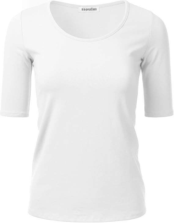 SSOULM Women's 1/2 Sleeve Scoopneck Cotton Basic Slim Fit T-Shirt Top with Plus Size | Amazon (US)