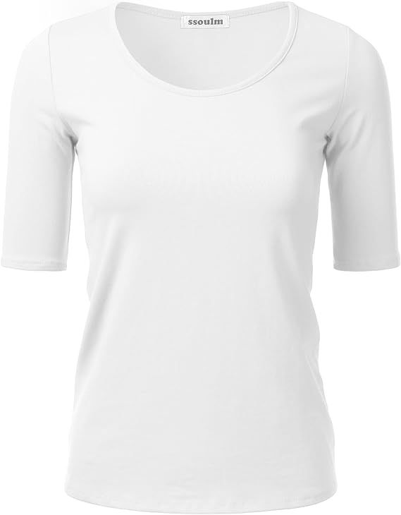 SSOULM Women's 1/2 Sleeve Scoopneck Cotton Basic Slim Fit T-Shirt Top with Plus Size | Amazon (US)