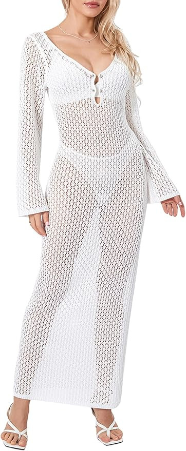 ensswliz Womens Crochet Swimwear Cover Up Dress Sexy V Neck Hollow Out Backless Maxi Dress Long S... | Amazon (US)