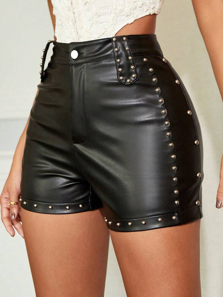 Apperloth A Punk Rock High Waist Rivet Decor PU Leather Tight Rave Mini Shorts Black | SHEIN