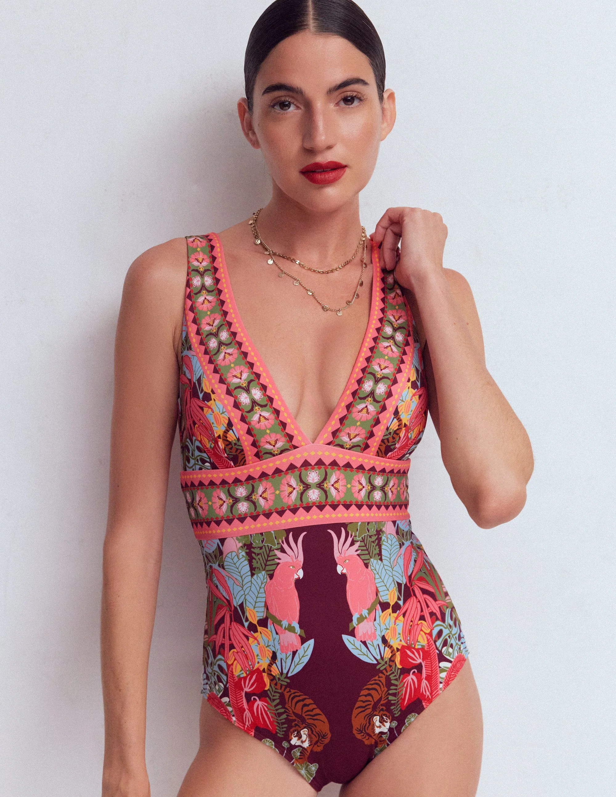 Mykonos Deep V Swimsuit-Sangria Sunset, Daisy Blossom | Boden (US)