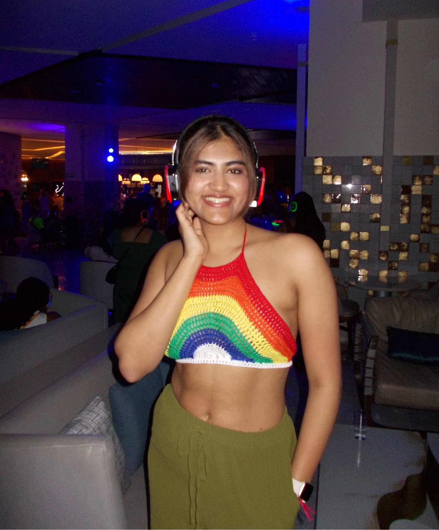 Crochet rainbow cropped top with green pants 

#LTKsummer #LTKspring #LTKbeauty