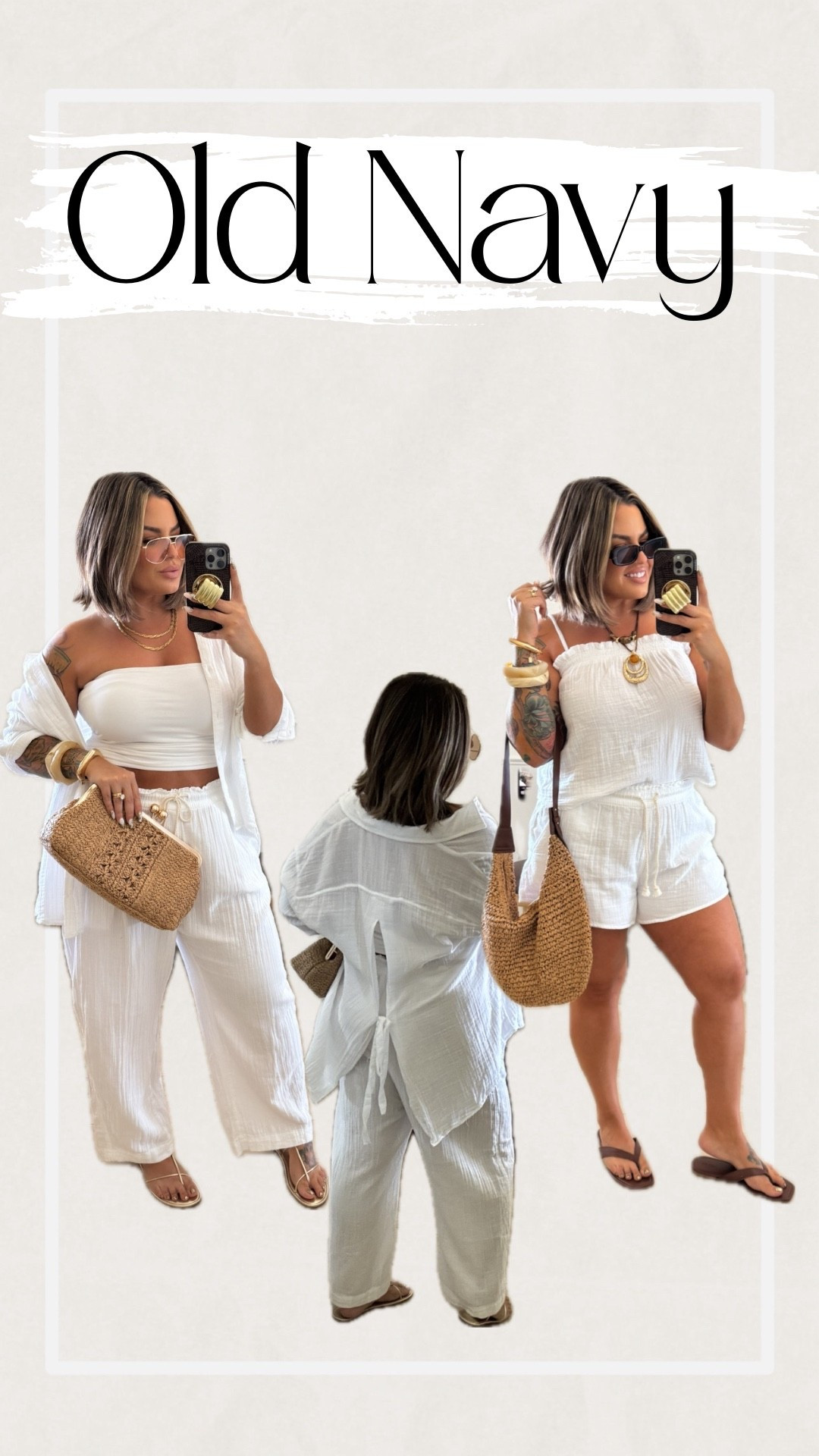 Cute gauze sets on major sale ! 

Long sleeve L 
Size up in the pants the waistband runs small wearing xl in pants 
Shorts L tts 
Tube top L 
Tank size down M 
Also linked the strapless bra I’m using 
Straw clutch is target but it’s not online yet. 