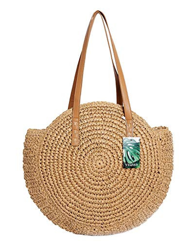 YXQSED Round Woven Bag - Summer Beach Bags Straw Handwoven Singleshoulder with Leather Handles，Zipper（Khaki） L | Amazon (UK)