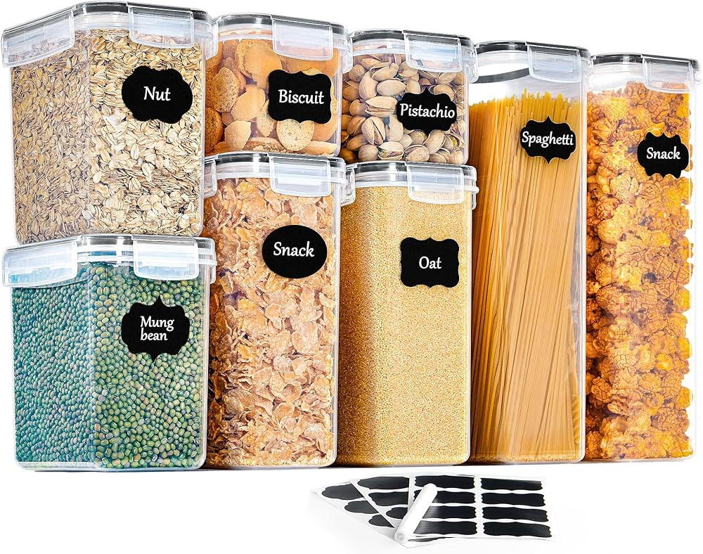 GoMaihe Kitchen Storage Box Set of 8 Sealed Plastic Food Jars with Lids for Cereal, Pasta, Flour,... | Amazon (FR)