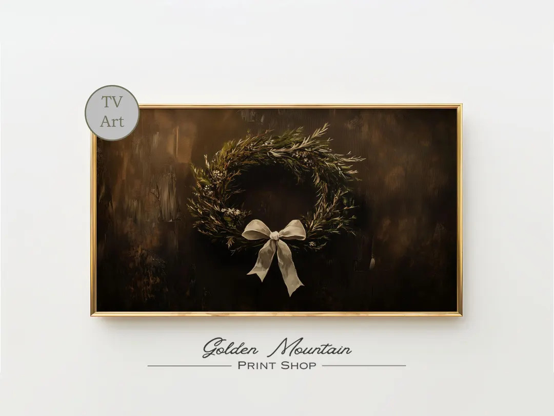 Rustic Christmas Wreath with White Bow – Neutral Holiday Samsung Frame TV Art, Farmhouse Winter... | Etsy (US)