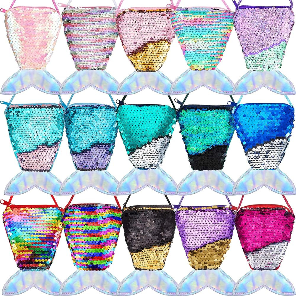 15 Pieces Mermaid Tail Coin Purse Mermaid Sequin Crossbody Coin Wallet Bags Glitter Mermaid Tail ... | Amazon (US)