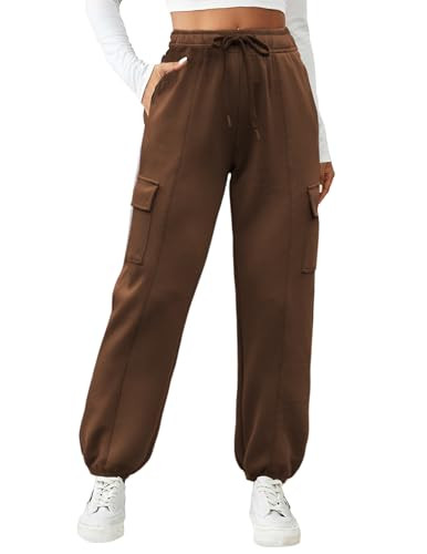 PINSPARK Womens Cargo Sweatpants High Waisted Athletic Pants Casual Jogger Pants with 6 Pockets Brown XL | Amazon (US)