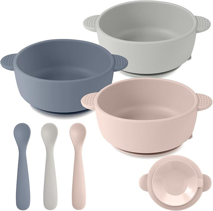 Eascrozn Silicone Baby Feeding Set, 3 Pack Baby Bowls with Suction and 3 Pack Baby Spoons for Bab... | Amazon (US)