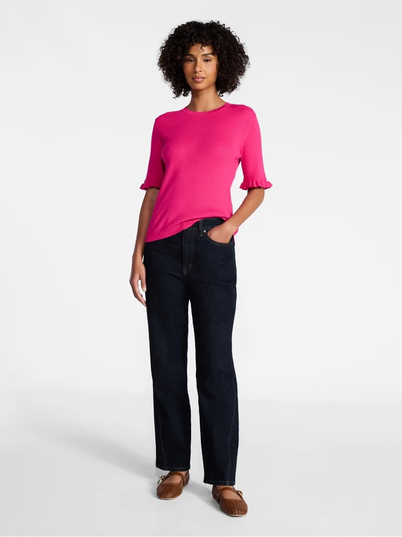 Time and Tru Women's Ribbed Sweater with Flounce Sleeves, Midweight, Sizes XS-XXXL | Walmart (US)