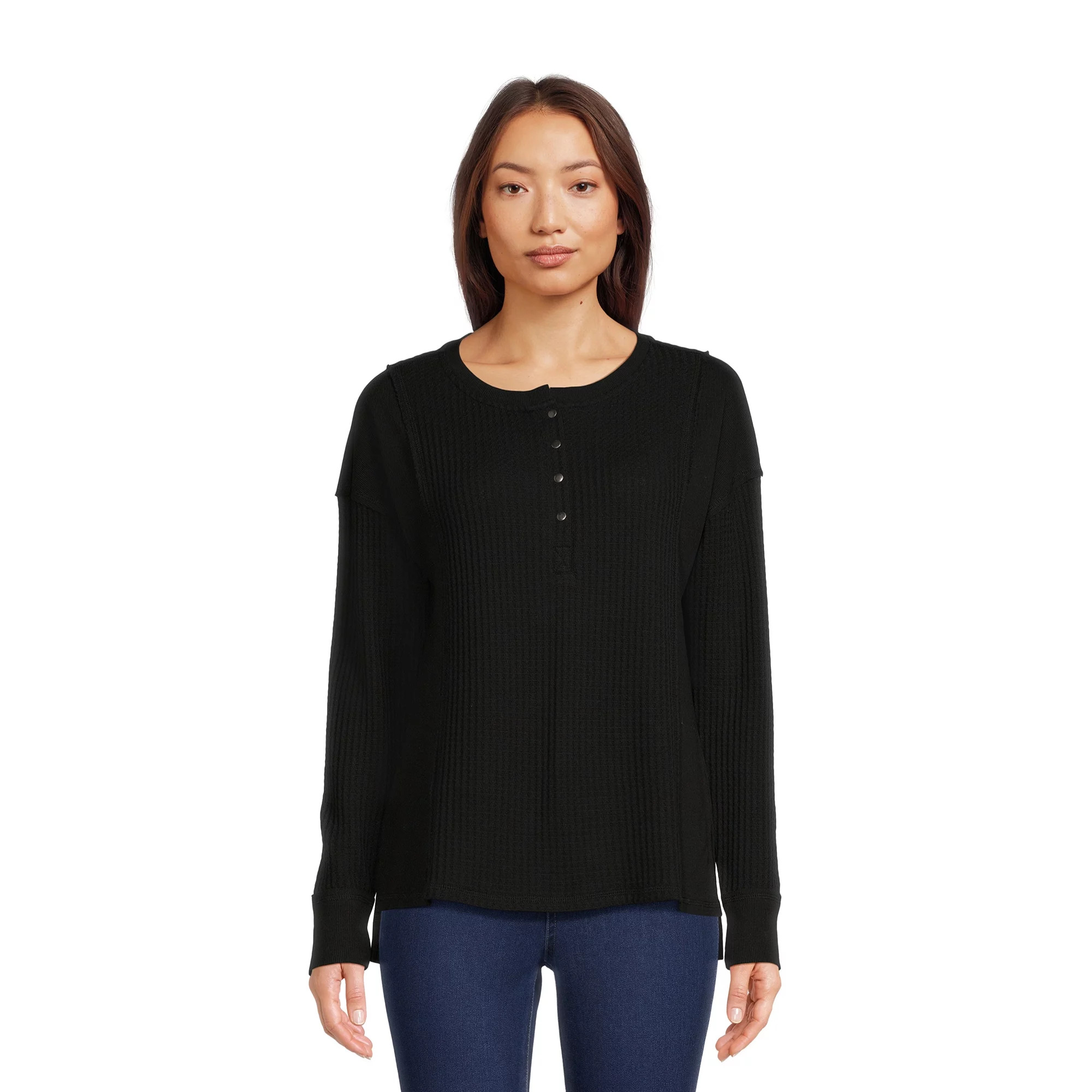 Time and Tru Women's Mixed Henley Tee with Long Sleeves, Sizes S-XXXL | Walmart (US)