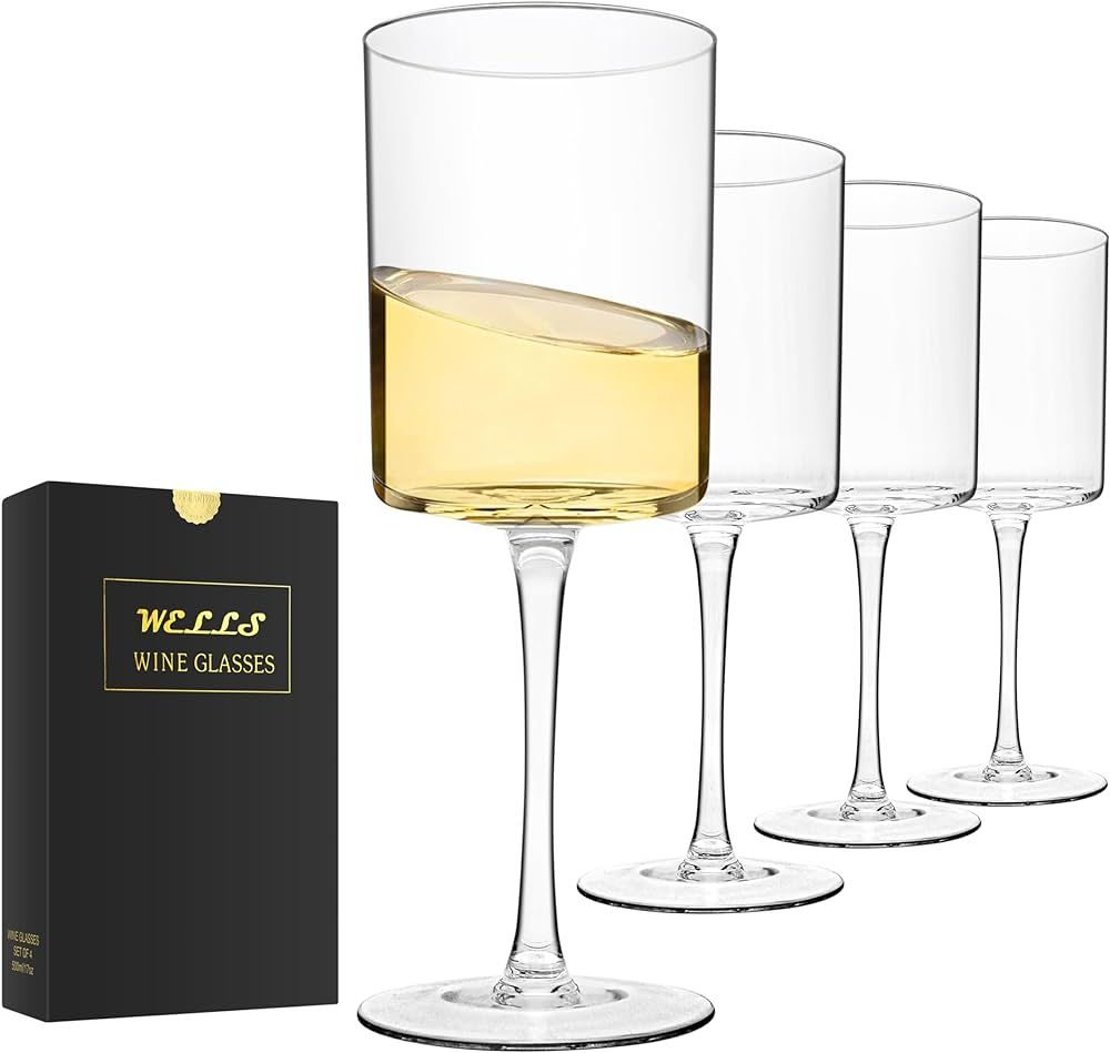 Large Square Wine Glasses Set of 4 Crystal,17oz Clear Cylinder Wine Glassware Flat Bottom,Hand Bl... | Amazon (US)
