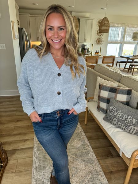 Cozy outfit from Maueices. Grey cropped cardigan sweater with ankle length denim jeans ✨ I’m wearing a Large top and 10 in the pants. 

#LTKfindsunder100 #LTKstyletip #LTKmidsize