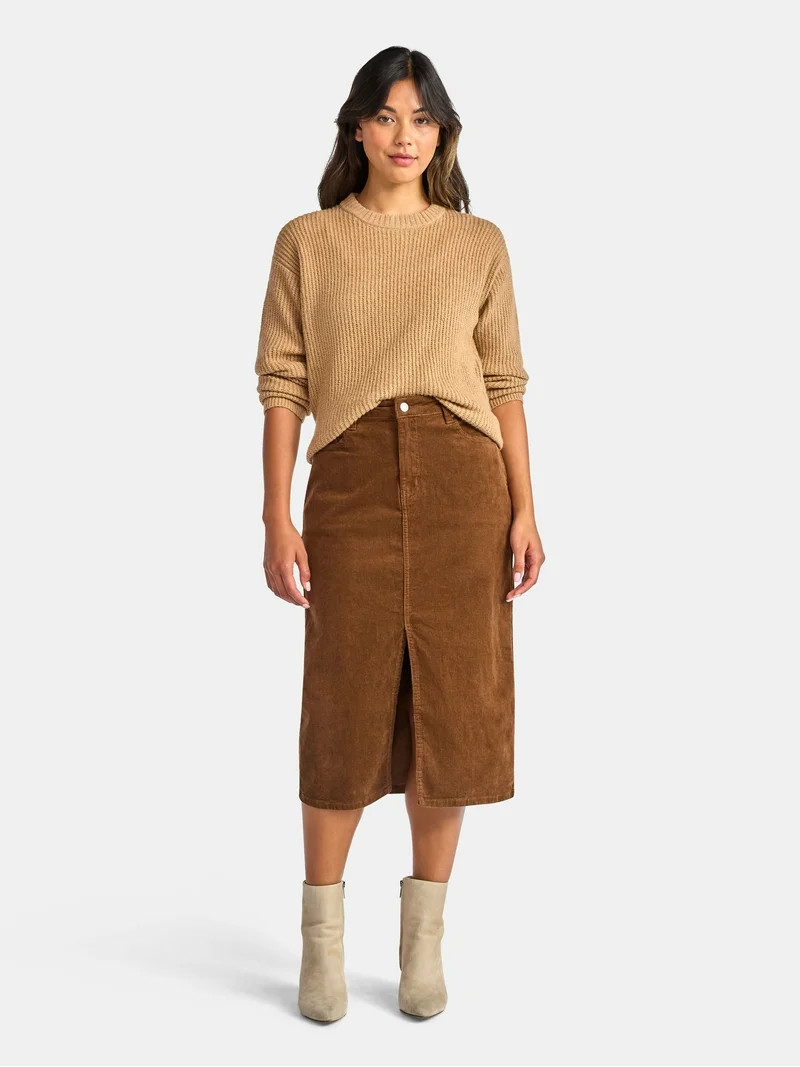 Time and Tru Women's Corduroy Midi Skirt with Front Slit, Sizes 0-20 | Walmart (US)