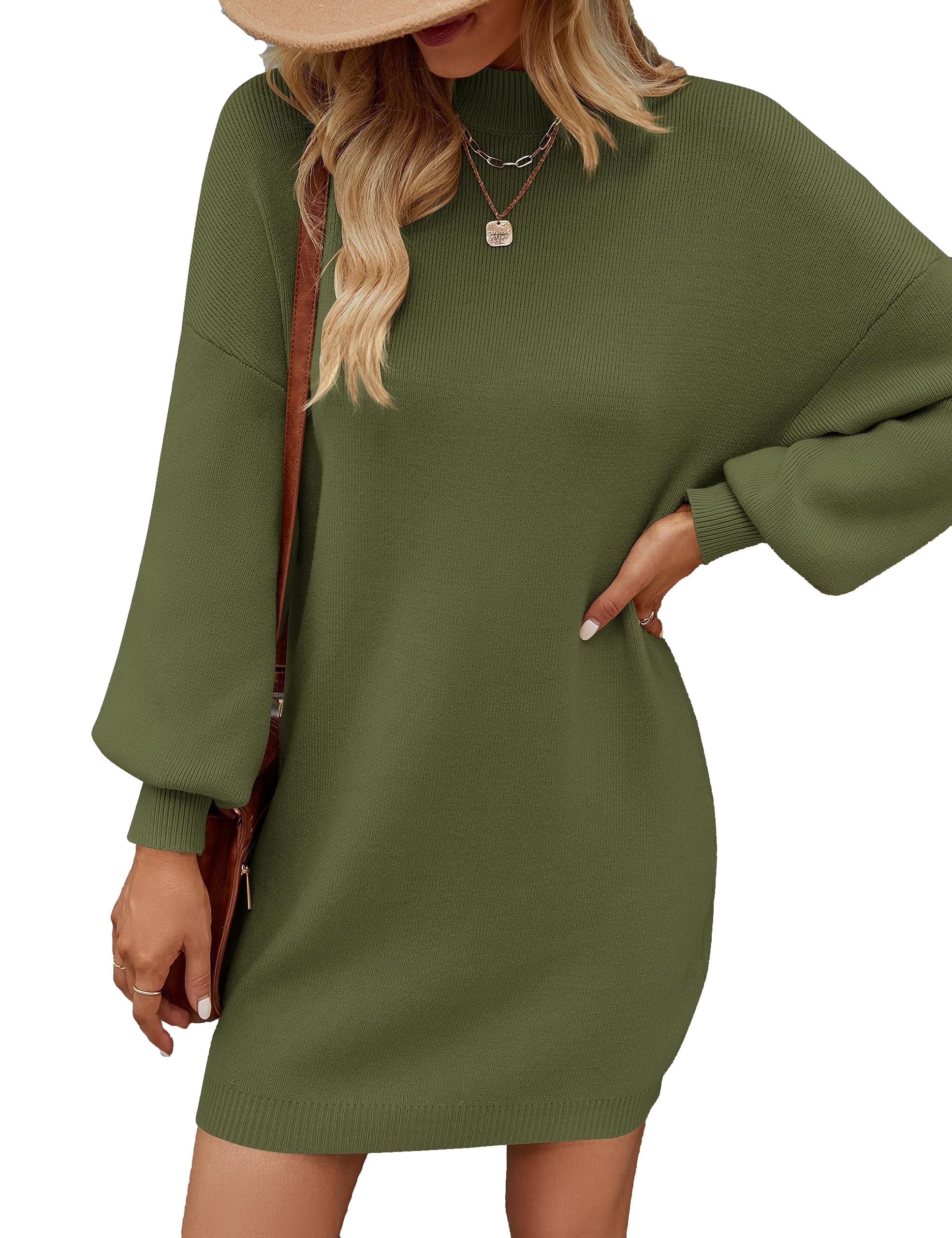 YOGAFOX Women's Fall Oversized Turtleneck Lantern Sleeve Casual Knit Mini Dress Army Green M - Wa... | Walmart (US)