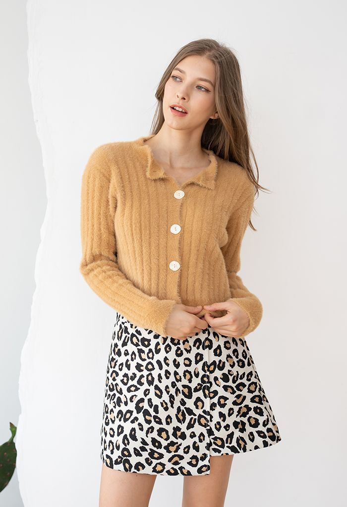 Button Down Cropped Fuzzy Knit Cardigan in Camel | Chicwish