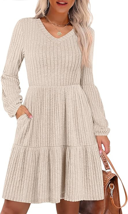 ANRABESS Women's Long Lantern Sleeve Ribbed Knit Dresses V Neck Casual 2025 Fall Winter Flowy Swi... | Amazon (US)