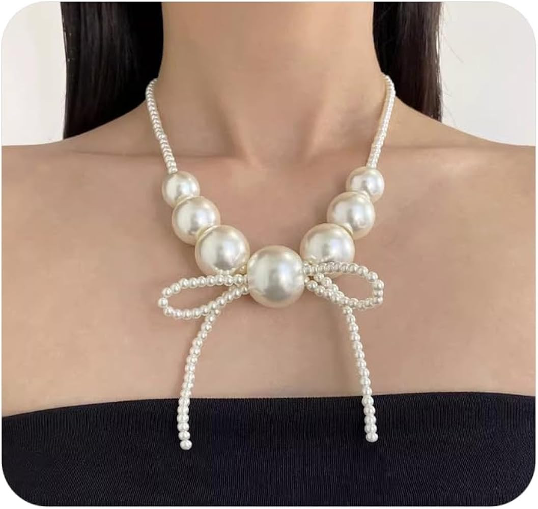 Chunky Big Pearl Bow Necklace,Large Pearl Beaded Bowknot Choker Necklace for Women,Vintage Statem... | Amazon (US)