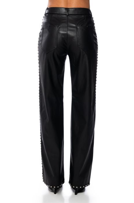 ALWAYS ON TIME FAUX LEATHER STUDDED WIDE LEG PANT IN BLACK | AKIRA