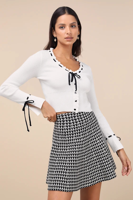 Adorably Flattering Ivory Ribbed Ruffled Bow Sweater Top | Lulus