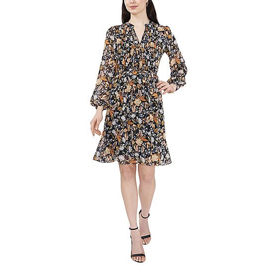 new!MSK Long Sleeve Floral Fit + Flare Dress | JCPenney