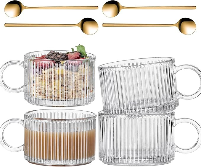 Buaic 4 Pack Glass Coffee Mugs with Handle & Spoon,14 OZ Vertical Stripes Glass Coffee Cups,Ribbe... | Amazon (US)