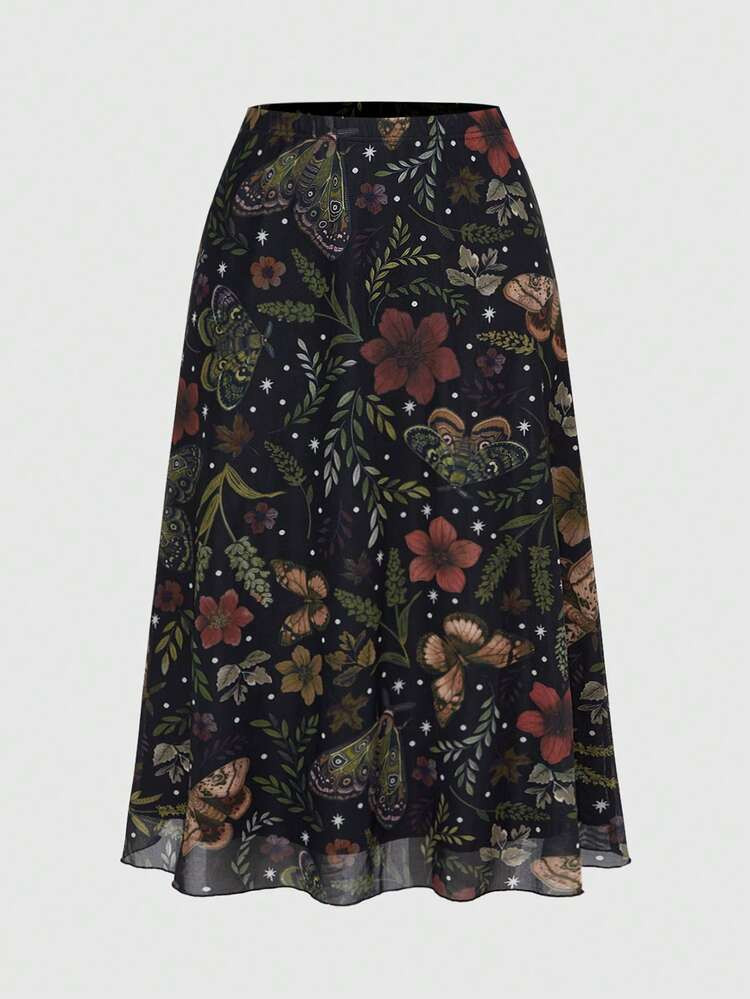 ROMWE Fairycore Plus Size Women's Floral & Plant Print A-Line Mesh Skirt, Nature Inspired | SHEIN