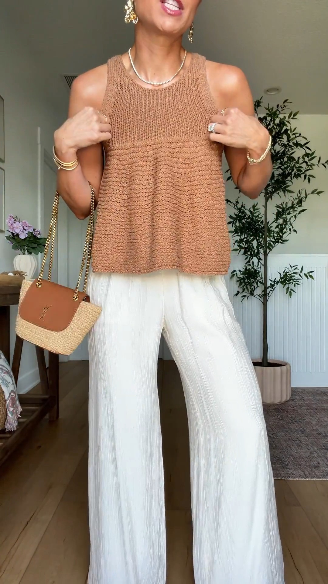 My dinner outfit. Summer outfit. Elevated casual outfit. Resort outfit. Resort wear. Vacation outfit. Europe outfit. New wide leg crinkle pants from Abercrombie in XXS short. Anthropologie sweater tank in XXS. Amazon jelly sandals are TTS. YSL raffia bag.

#LTKootd #LTKTravel #LTKPetite