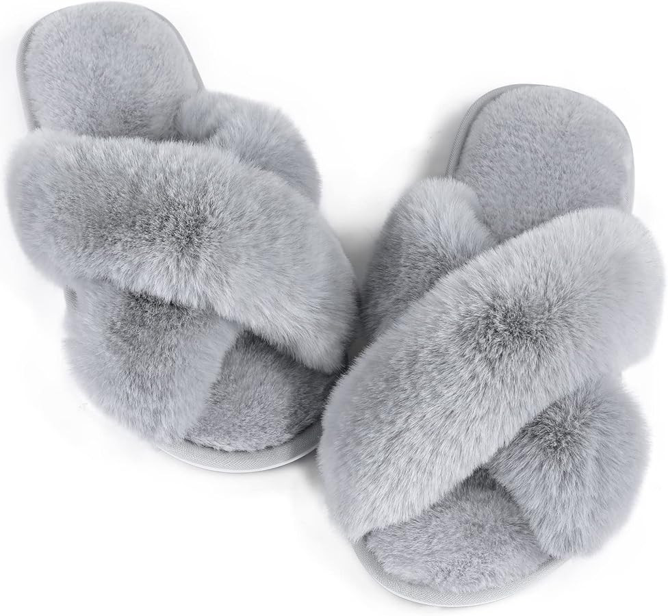 Ankis Womens Fuzzy Memory Foam Slippers Cross Band Cozy Plush Home Slippers Fluffy Furry Open Toe... | Amazon (US)