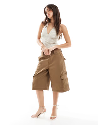 Bershka longline tailored utility shorts in camel | ASOS (Global)