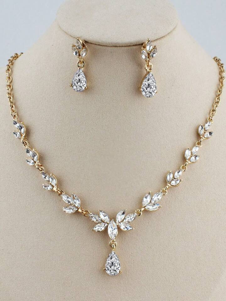 3pcs/Set Gold-Color Jewelry Set With Glass And Rhinestone Floral Detail, Including Necklace And E... | SHEIN