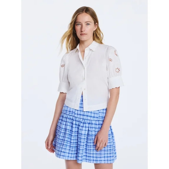 Free Assembly Women's and Women's Plus Cotton Eyelet Button Front Shirt with Short Sleeves, Sizes... | Walmart (US)