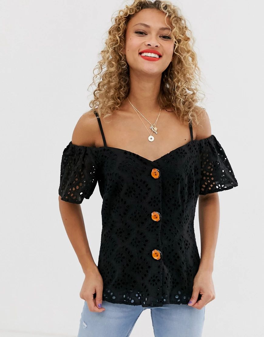 ASOS DESIGN contrast broderie off shoulder top with button through-Multi | ASOS (Global)