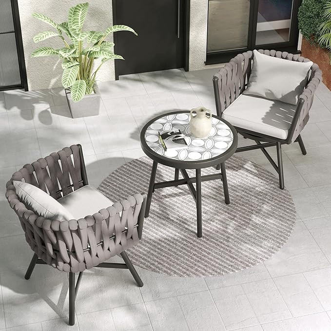 Grand patio Dining Chair Set of 3, Swivel Rope Armchairs with Cushions and Round Side Table with ... | Amazon (US)