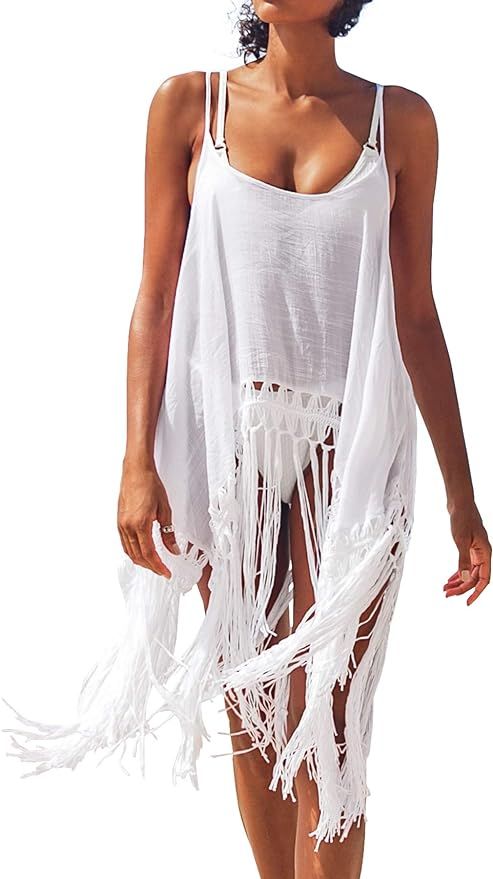 CUPSHE Women's Gulf Breeze White Sleeveless Tassel Hem Cover Up | Amazon (US)