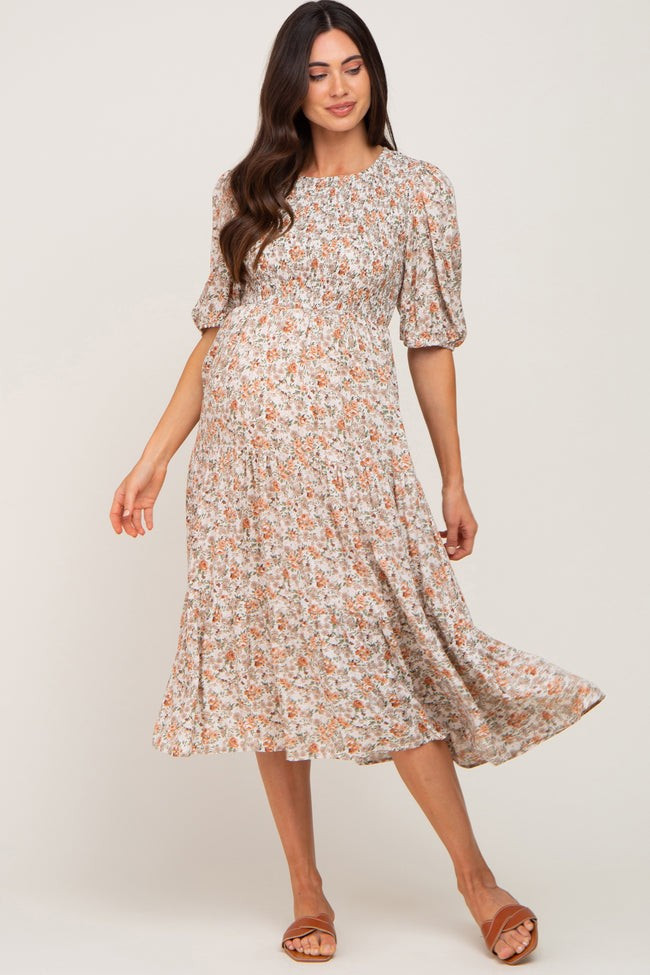 Taupe Floral Smocked Tiered Maternity Midi Dress | PinkBlush Maternity